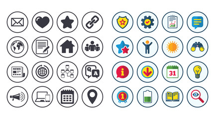 Set of Communication, Conference and Information icons. E-Mail, Printer and Internet signs. Speech bubble, Support and Phone call symbols. Calendar, Report and Book signs. Vector