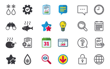 Defrosting drop and snowflake icons. Hot fish and chicken signs. From ice to water symbol. Chat, Report and Calendar signs. Stars, Statistics and Download icons. Question, Clock and Globe. Vector