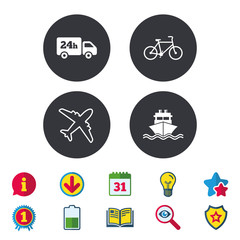 Cargo truck and shipping icons. Shipping and eco bicycle delivery signs. Transport symbols. 24h service. Calendar, Information and Download signs. Stars, Award and Book icons. Vector