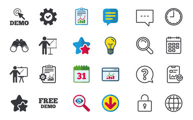 Demo with cursor icon. Presentation billboard sign. Man standing with pointer symbol. Chat, Report and Calendar signs. Stars, Statistics and Download icons. Question, Clock and Globe. Vector
