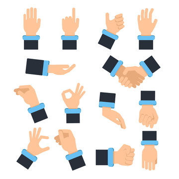 Holding hands in different action poses. Grabbing, taking and other. Vector  pictures in flat style Stock Vector | Adobe Stock
