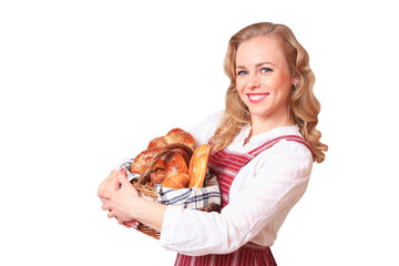 Portrait of cute smiling woman with pastries in her hands