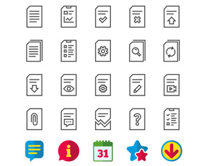 Document Management line icons. Set of Report, Checklist and Copy signs. Download file, Remove and Attach clip symbols. Search, Edit and Corrupt file. Information, Calendar and Download signs. Vector