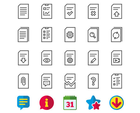 Document Management line icons. Set of Report, Checklist and Copy signs. Download file, Remove and Attach clip symbols. Search, Edit and Corrupt file. Information, Calendar and Download signs. Vector