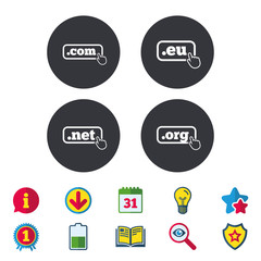 Top-level internet domain icons. Com, Eu, Net and Org symbols with hand pointer. Unique DNS names. Calendar, Information and Download signs. Stars, Award and Book icons. Light bulb, Shield and Search