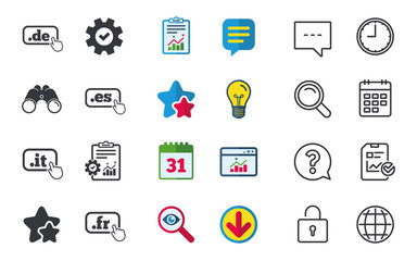 Top-level internet domain icons. De, It, Es and Fr symbols with hand pointer. Unique national DNS names. Chat, Report and Calendar signs. Stars, Statistics and Download icons. Vector