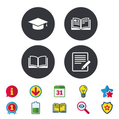 Pencil with document and open book icons. Graduation cap symbol. Higher education learn signs. Calendar, Information and Download signs. Stars, Award and Book icons. Light bulb, Shield and Search