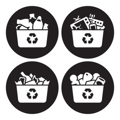 Recycling of glass, plastic, metal and e-waste icons