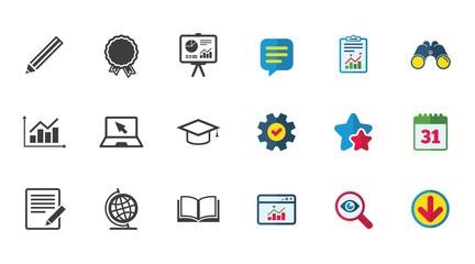 Education and study icon. Presentation signs. Report, analysis and award medal symbols. Calendar, Report and Download signs. Stars, Service and Search icons. Statistics, Binoculars and Chat. Vector