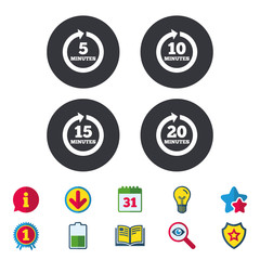 Every 5, 10, 15 and 20 minutes icons. Full rotation arrow symbols. Iterative process signs. Calendar, Information and Download signs. Stars, Award and Book icons. Light bulb, Shield and Search. Vector