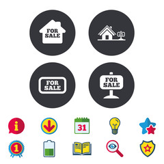 For sale icons. Real estate selling signs. Home house symbol. Calendar, Information and Download signs. Stars, Award and Book icons. Light bulb, Shield and Search. Vector