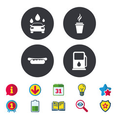 Petrol or Gas station services icons. Automated car wash signs. Hotdog sandwich and hot coffee cup symbols. Calendar, Information and Download signs. Stars, Award and Book icons. Vector