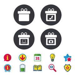 Gift box sign icons. Present with bow symbols. Photo camera sign. Woman shoes. Calendar, Information and Download signs. Stars, Award and Book icons. Light bulb, Shield and Search. Vector