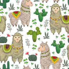 Seamless pattern with lama animal, cacti and floral elements. Hand drawn vector illustration in watercolor style.