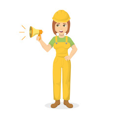 Female builder with megaphone.