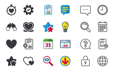 Heart ribbon icon. Timer stopwatch symbol. Love and Heartbeat palpitation signs. Chat, Report and Calendar signs. Stars, Statistics and Download icons. Question, Clock and Globe. Vector