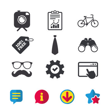Hipster photo camera with mustache icon. Glasses and tie symbols. Bicycle family vehicle sign. Browser window, Report and Service signs. Binoculars, Information and Download icons. Stars and Chat
