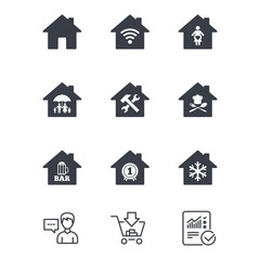 Real estate icons. Home insurance, maternity hospital and wifi internet signs. Restaurant, service and air conditioning symbols. Customer service, Shopping cart and Report line signs. Vector