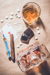 Hard drugs and alcohol. Close up