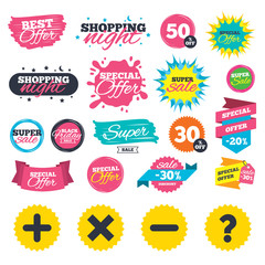 Sale shopping banners. Plus and minus icons. Delete and question FAQ mark signs. Enlarge zoom symbol. Web badges, splash and stickers. Best offer. Vector