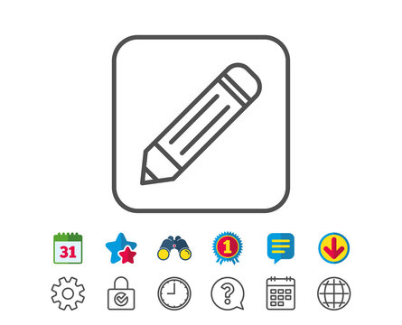 Pencil line icon. Edit sign. Drawing or Writing equipment symbol. Calendar, Globe and Chat line signs. Binoculars, Award and Download icons. Editable stroke. Vector