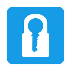 Icono plano candado con llave en espacio negativo en cuadrado azul