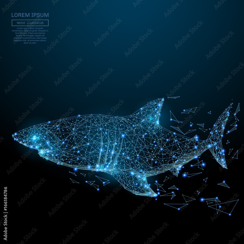 Poster Abstract image of a shark in the form of a starry sky or space, consisting of points, lines, and shapes in the form of planets, stars and the universe. Vector animal concept