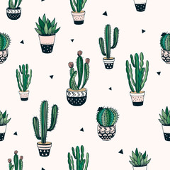Hand drawn seamless pattern with cacti and succulents, vector design