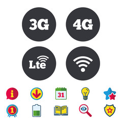 Mobile telecommunications icons. 3G, 4G and LTE technology symbols. Wi-fi Wireless and Long-Term evolution signs. Calendar, Information and Download signs. Stars, Award and Book icons. Vector