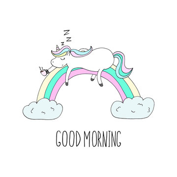 Fototapeta Good morning card. Cute Unicorn Unicorn asleep on the rainbow with coffee. Printable templates