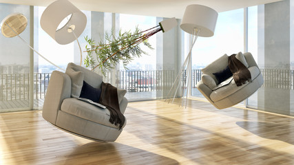 Zero gravity, modern bright living room, interiors. 3D rendering