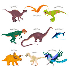 Set of realistic dinosaurs. Isolated vector illustrations of Archaeopteryx, Pterodactyl, Ichthyosaur, Megalosaur, Tyrannosaurus rex, Raptor etc