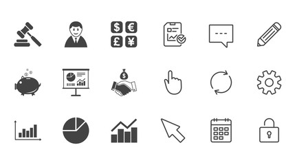 Money, cash and finance icons. Handshake, piggy bank and currency exchange signs. Chart, auction and businessman symbols. Chat, Report and Calendar line signs. Service, Pencil and Locker icons