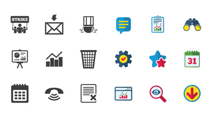 Office, documents and business icons. Call, strike and calendar signs. Mail, presentation and charts symbols. Calendar, Report and Download signs. Stars, Service and Search icons. Vector