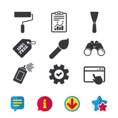 Paint roller, brush icons. Spray can and Spatula signs. Wall repair tool and painting symbol. Browser window, Report and Service signs. Binoculars, Information and Download icons. Stars and Chat