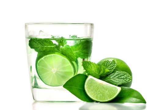 The fresh cool infused water of lime and mint or mojito cocktail look on white background