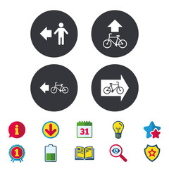Pedestrian road icon. Bicycle path trail sign. Cycle path. Arrow symbol. Calendar, Information and Download signs. Stars, Award and Book icons. Light bulb, Shield and Search. Vector