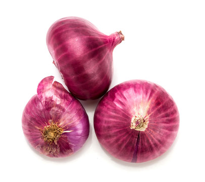 The Fresh red onion bulb and onion peel isolated on white background