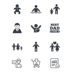 People, family icons. Swimming pool, love and children signs. Best dad, father and mother symbols. Customer service, Shopping cart and Report line signs. Online shopping and Statistics. Vector