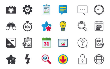 Photo camera icon. Flash light and exposure symbols. Stopwatch timer 10 seconds sign. Chat, Report and Calendar signs. Stars, Statistics and Download icons. Question, Clock and Globe. Vector