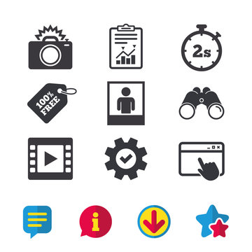 Photo camera icon. Flash light and video frame symbols. Stopwatch timer 2 seconds sign. Human portrait photo frame. Browser window, Report and Service signs. Binoculars, Information and Download icons