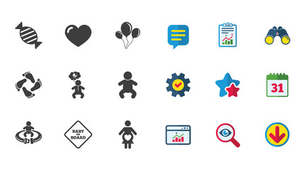 Pregnancy, maternity and baby care icons. Candy, strollers and fasten seat belt signs. Footprint, love and balloon symbols. Calendar, Report and Download signs. Stars, Service and Search icons