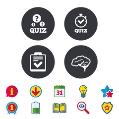 Quiz icons. Human brain think. Checklist and stopwatch timer symbol. Survey poll or questionnaire feedback form sign. Calendar, Information and Download signs. Stars, Award and Book icons. Vector