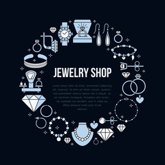 Jewelry shop, diamond accessories banner illustration. Vector flat line icon of jewels - gold engagement rings, gem earrings, silver necklaces, brilliant. Fashion store circle template place for text.