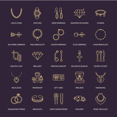 Jewelry flat line icons, jewellery store signs. Jewels accessories - gold engagement rings, gem earrings, silver chain, engraving necklaces, brilliants. Thin linear signs for fashion store.