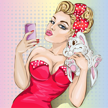 Pin up sexy woman in red take a selfie photo with funny bunny, pop art girl hand drawn vector illustration