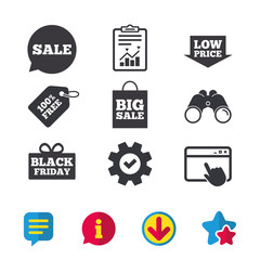 Sale speech bubble icon. Black friday gift box symbol. Big sale shopping bag. Low price arrow sign. Browser window, Report and Service signs. Binoculars, Information and Download icons. Stars and Chat