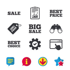 Sale icons. Best choice and price symbols. Big sale shopping sign. Browser window, Report and Service signs. Binoculars, Information and Download icons. Stars and Chat. Vector