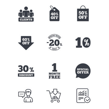 Sale discounts icon. Shopping, clients and speech bubble signs. 20, 30, 40 and 50 percent off. Special offer symbols. Customer service, Shopping cart and Report line signs. Vector