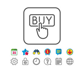 Click to Buy line icon. Online Shopping sign. E-commerce processing symbol. Calendar, Globe and Chat line signs. Binoculars, Award and Download icons. Editable stroke. Vector